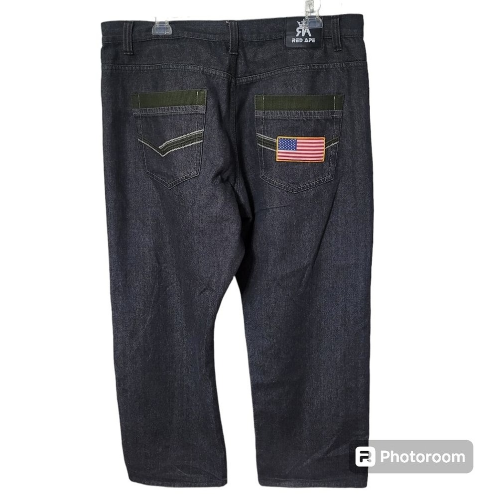 Red Ape Black Baggy Jeans American Flag Back Pocket With Green Trim Mens Size 42